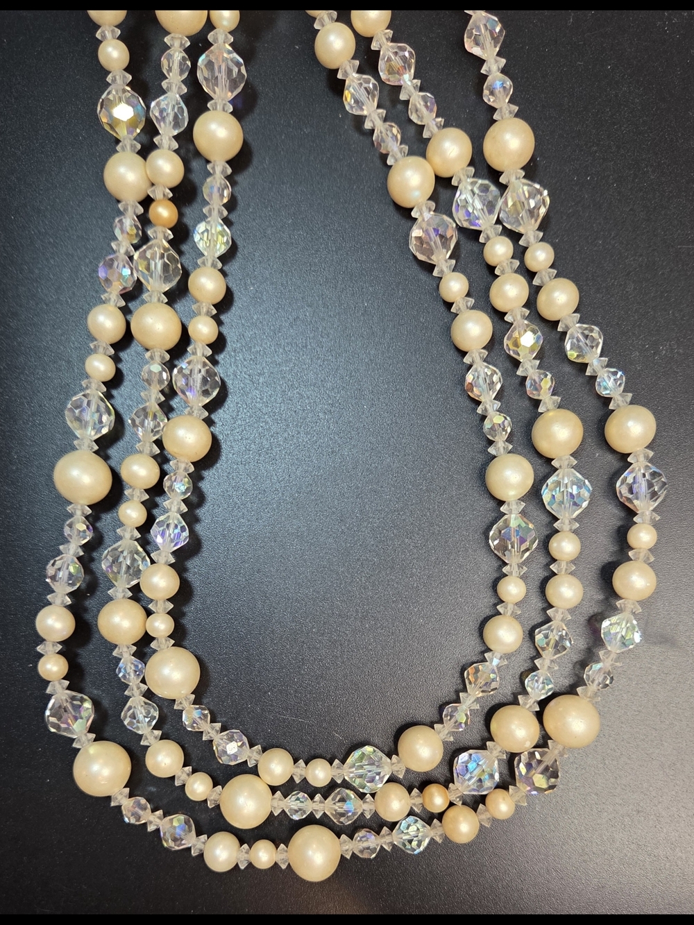 1950s Vintage Cream Pearl and Clear Crystal Multi-Strand Necklace